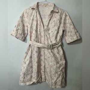 Solitaire Pink Tie Dye Floral Eyelets Belted Shirt Dress Size Medium Spring
